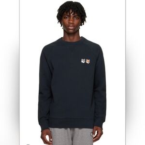 MAISON KITSUNE Faded Black Crewneck Sweater with Fox Patches Size Small